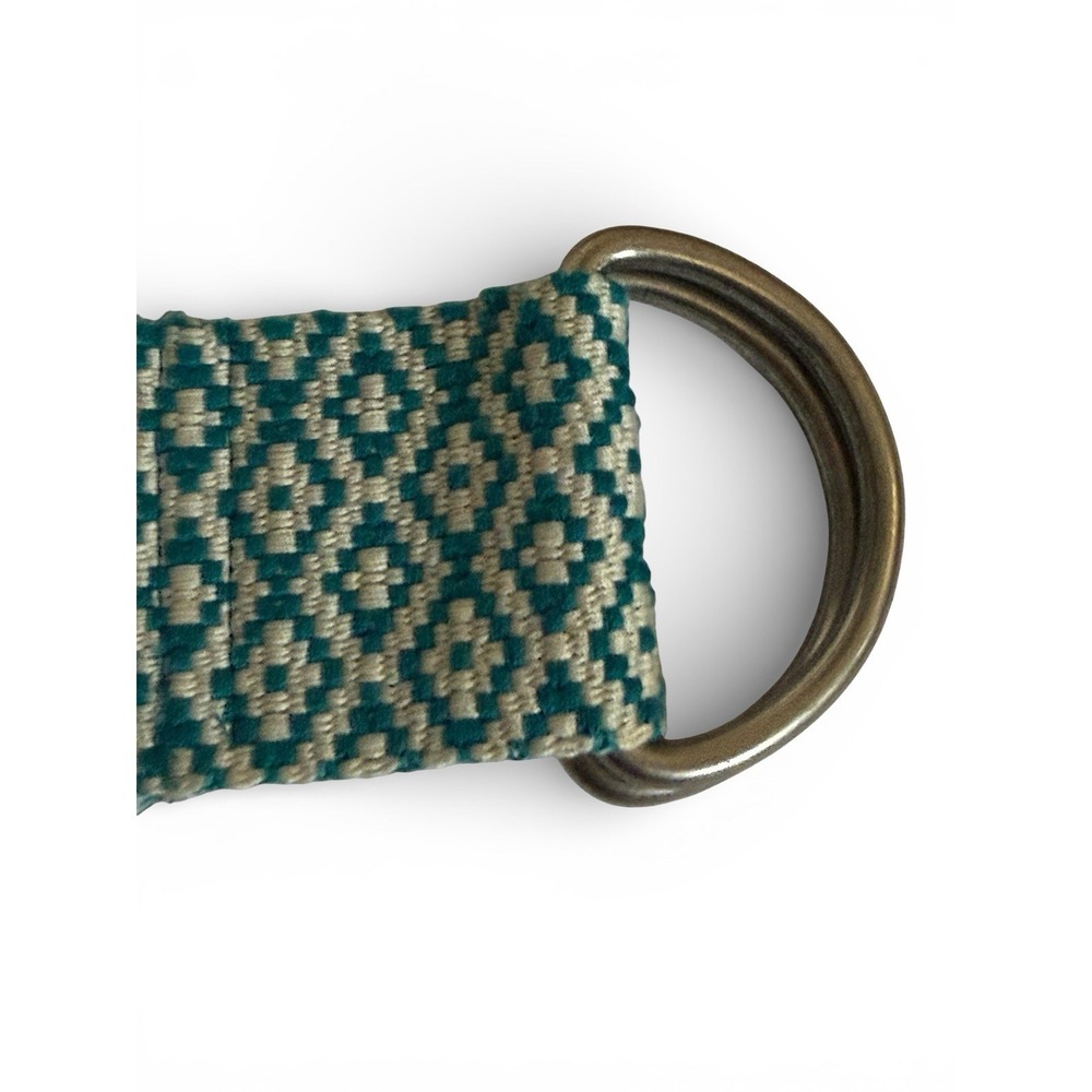 Teal Cream Woven Fabric‎ Belt Double D Ring Boho Preppy Coastal Adjustable